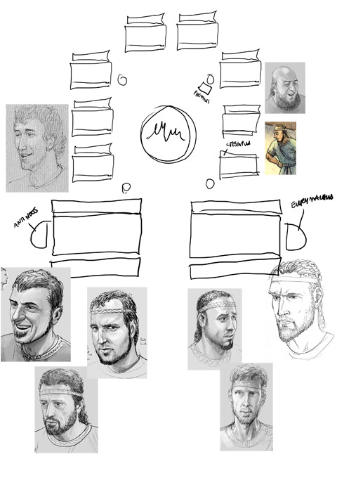 A rough in-progress seating chart for Penelope’s suitors